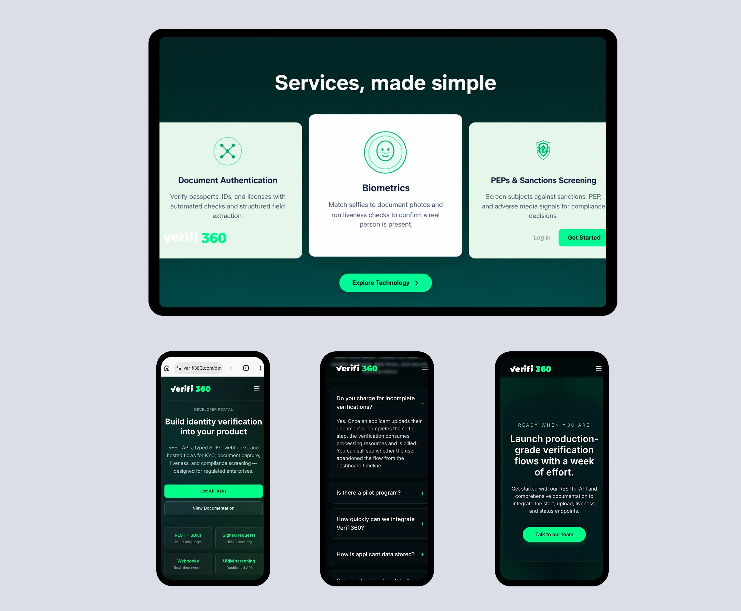 Verifi360 marketing site on desktop and mobile